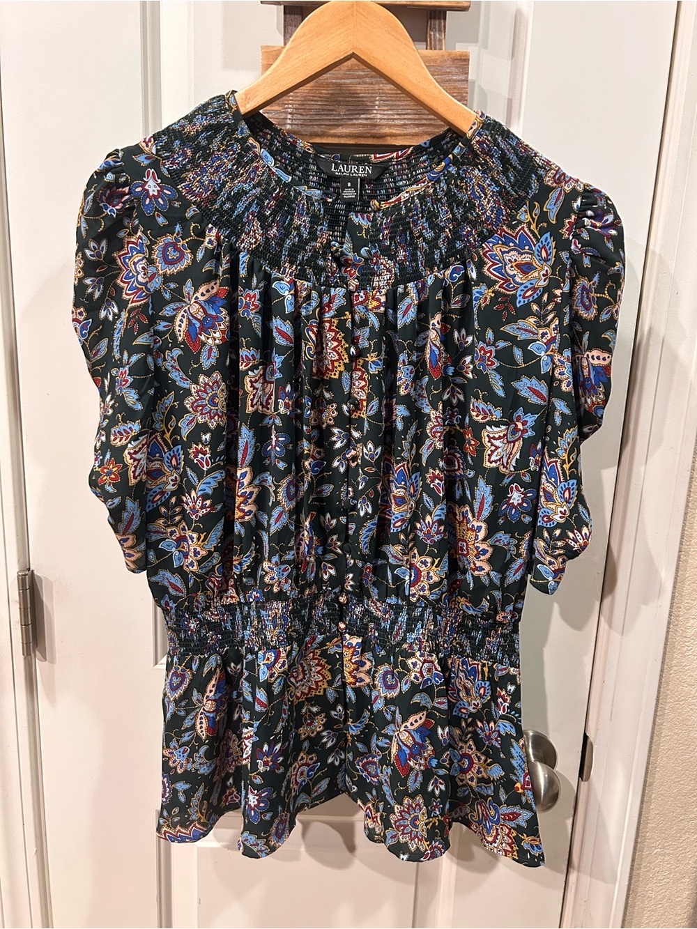 Ralph Lauren Black Label Peplum Blouse Ruched Sleeves Button Front Floral
